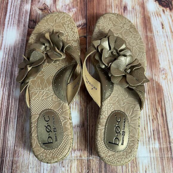 BOC Born Concept Size 8 Bronze Leather Floral Cork Low Wedge Thong Sandals Shoes - Picture 6 of 13